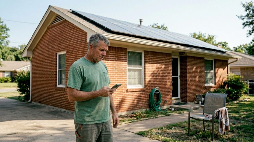 Texas homeowner checks solar panels on roof