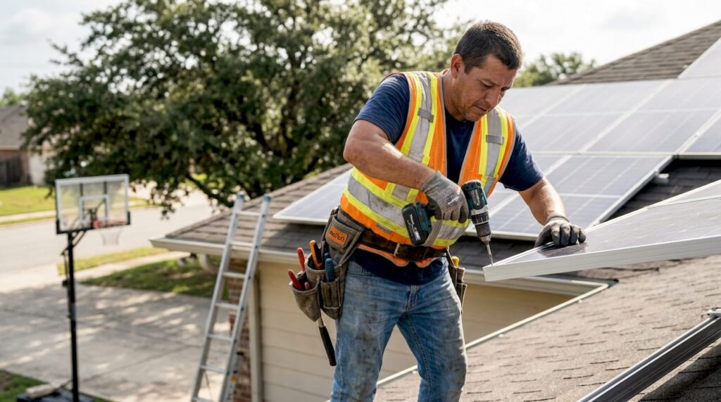 Technician detaching solar panel on San Antonio rooftop