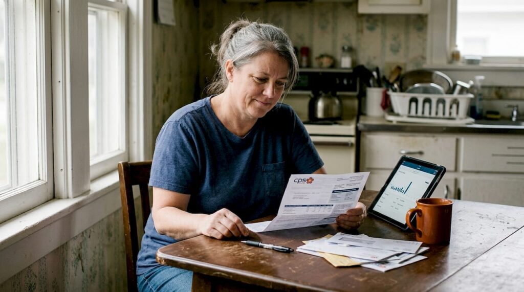 Homeowner reviewing CPS Energy bill in kitchen