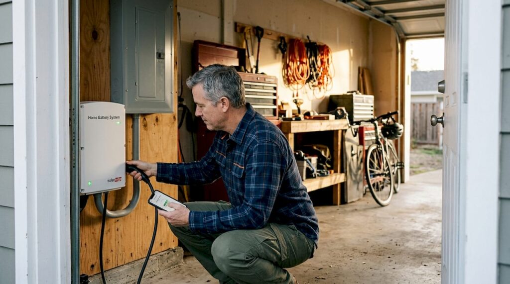 Homeowner connecting solar battery in garage