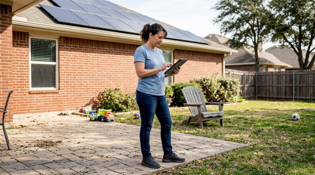 Texas homeowner checks solar panels from patio