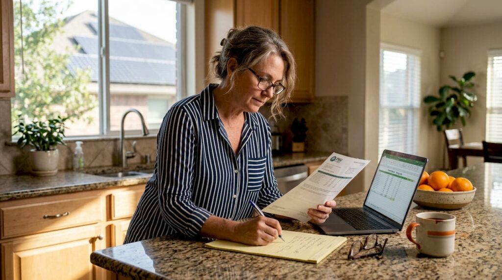 Homeowner reviewing energy bills in Texas kitchen