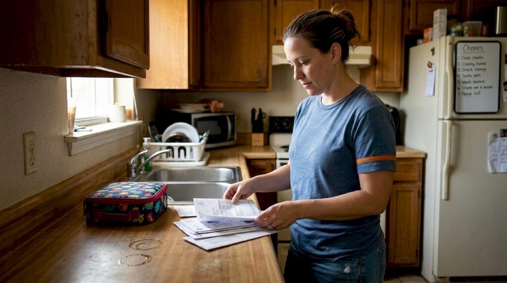 Homeowner reviewing energy bills in kitchen