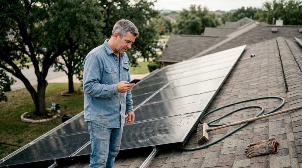 Homeowner inspecting rooftop solar panels