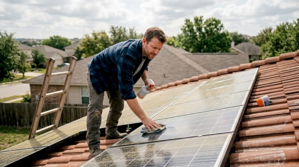 Homeowner inspecting dirty solar panels on rooftop