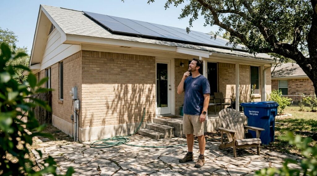 Homeowner observing solar panels on roof