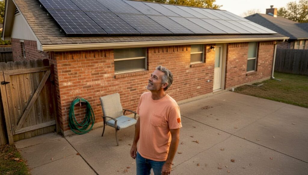 Homeowner examining rooftop solar array San Antonio