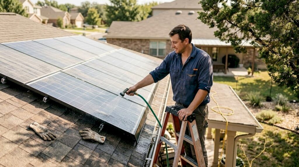 Technician cleaning solar panels on San Antonio home