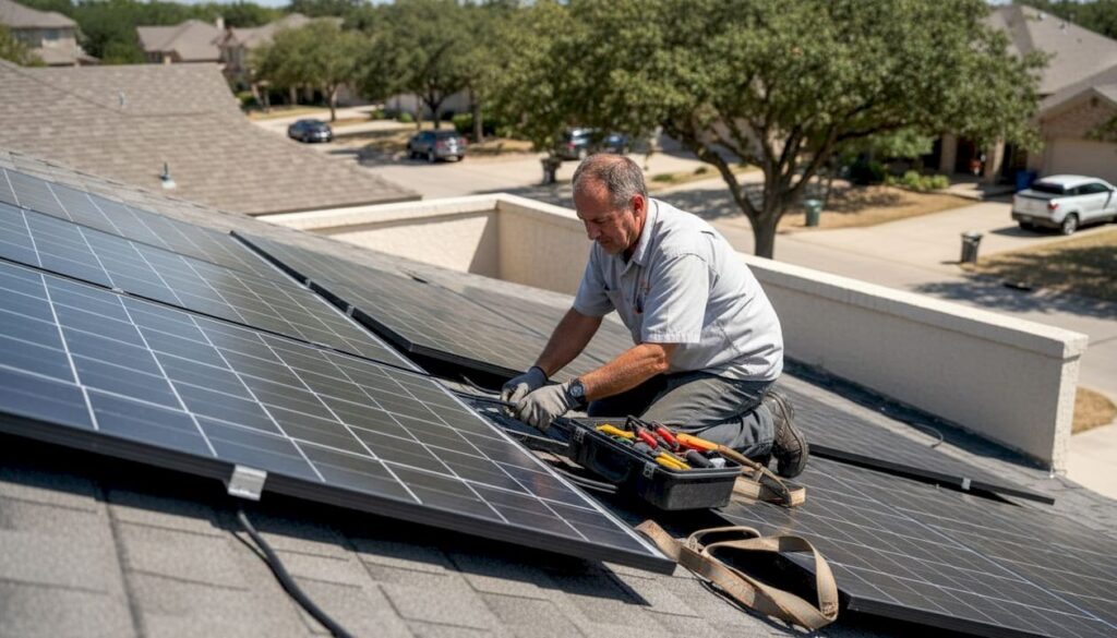 Technician installing solar panels on San Antonio roof