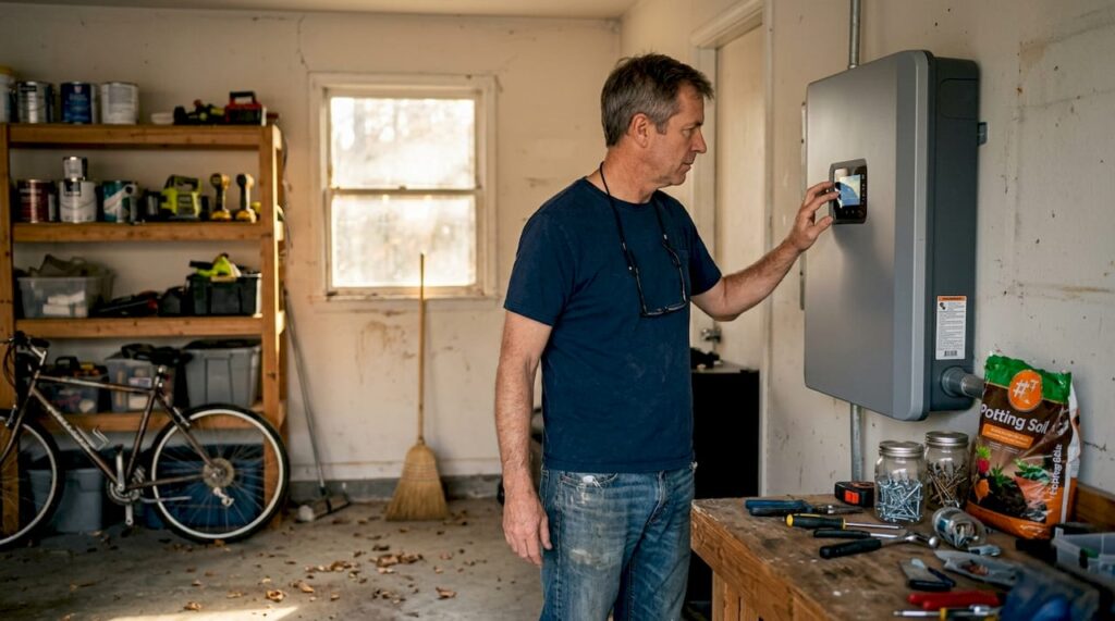 Homeowner checking battery unit in Texas garage