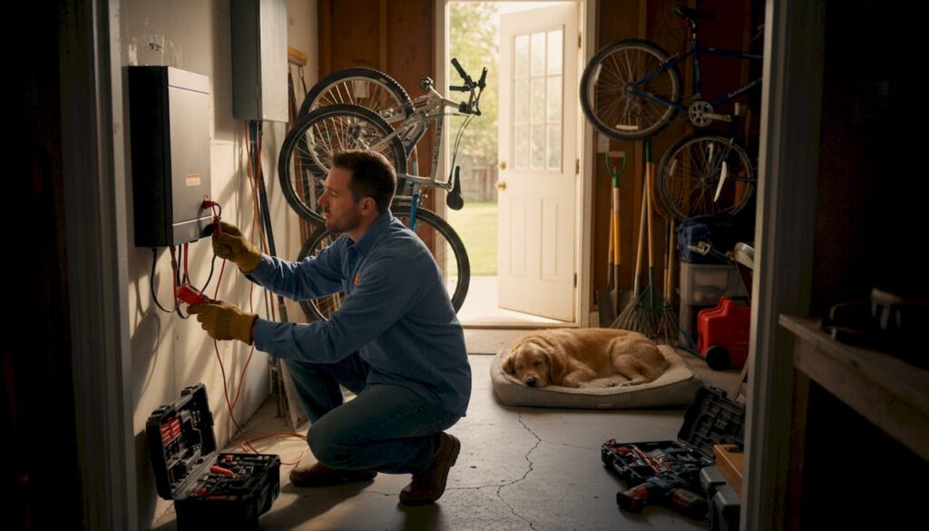Electrician checking solar battery in home garage