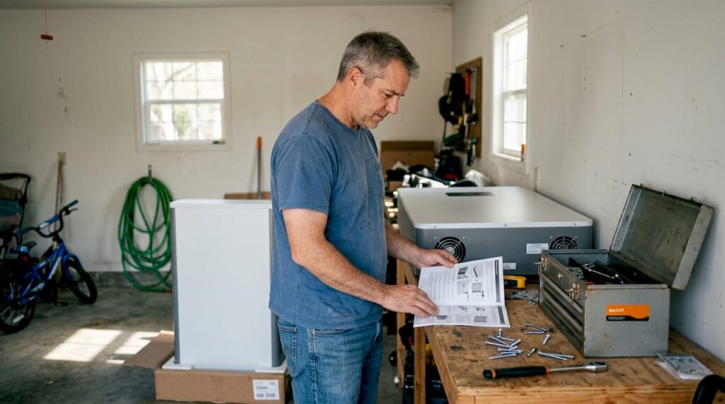 Homeowner studies solar battery in garage workspace