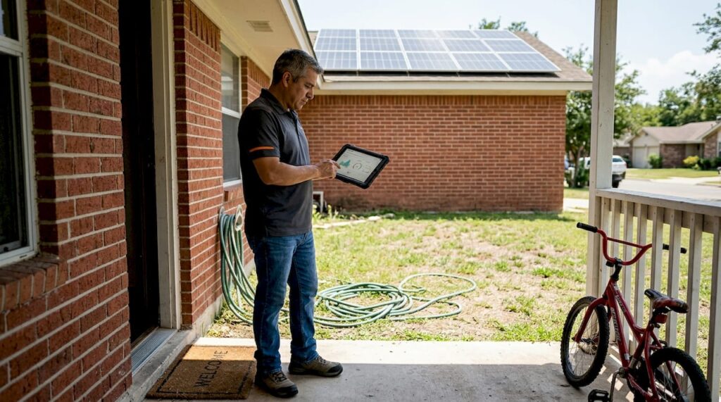 Homeowner checks energy use near solar panels