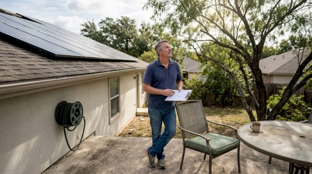 Homeowner assessing rooftop solar panels