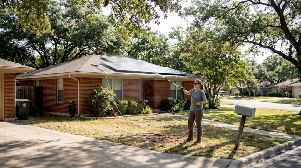 Homeowner cleaning solar panels on San Antonio house