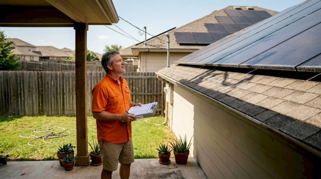 Homeowner checking solar panels on San Antonio roof