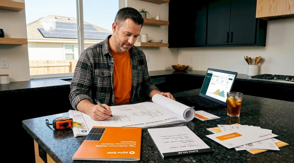Homeowner reviewing solar system plans at kitchen island