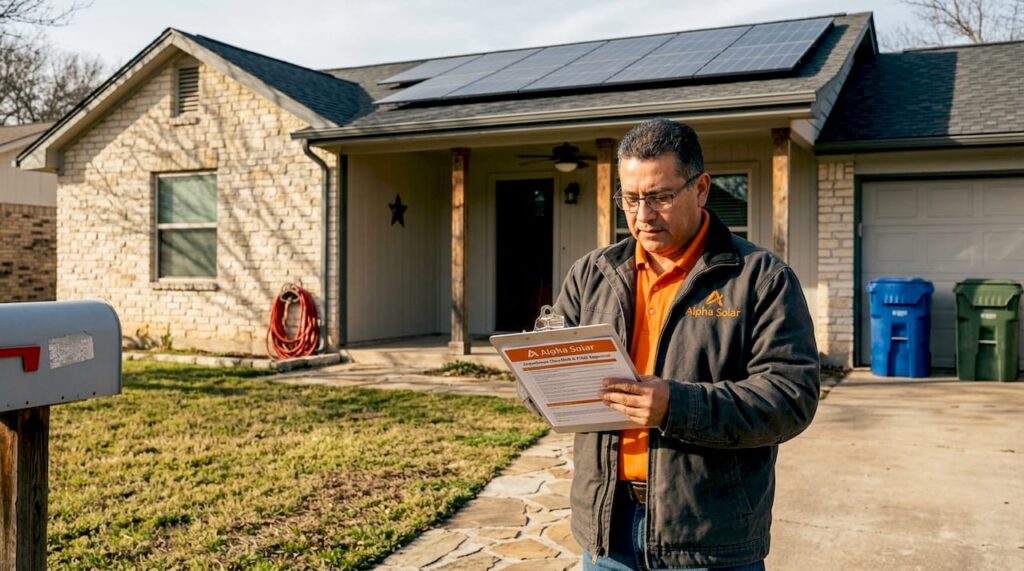 Homeowner with solar panels outside Texas house