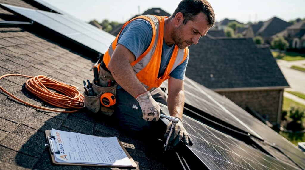 Installer securing solar panel on residential roof