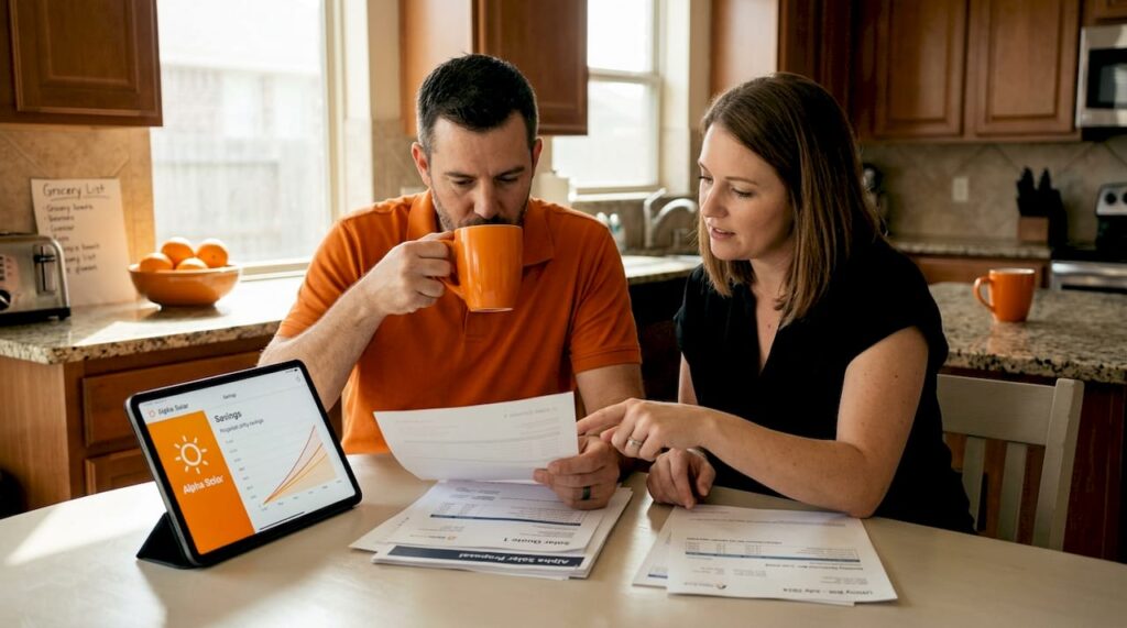 Texas couple reviews solar quotes at kitchen table