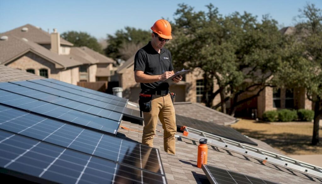 San Antonio homeowner inspects roof solar panels