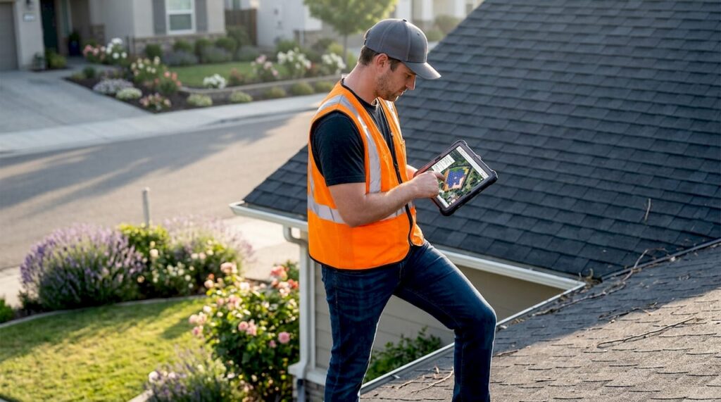 Solar installer assessing roof with tablet