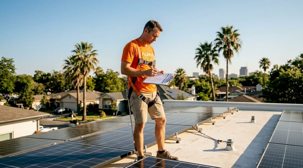Installer checking rooftop solar panels San Antonio