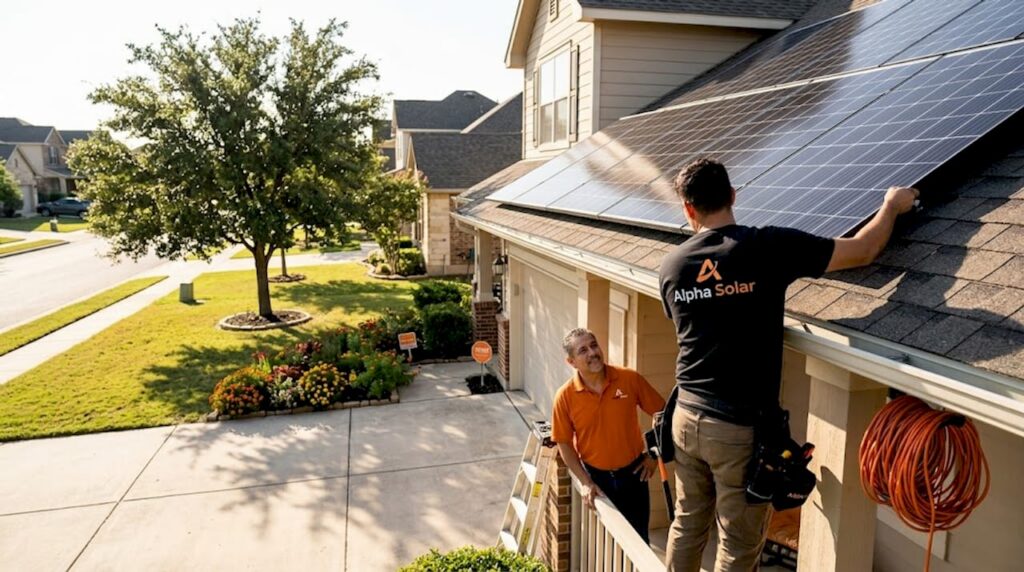 Homeowner watching solar panels installed on roof