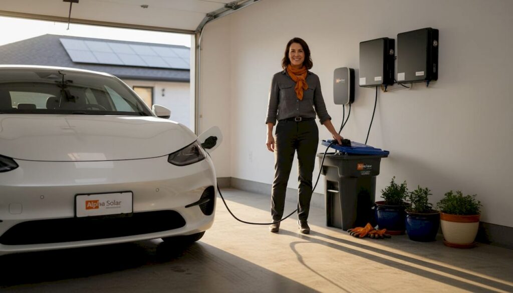 Homeowner unplugs electric vehicle in solar-powered garage