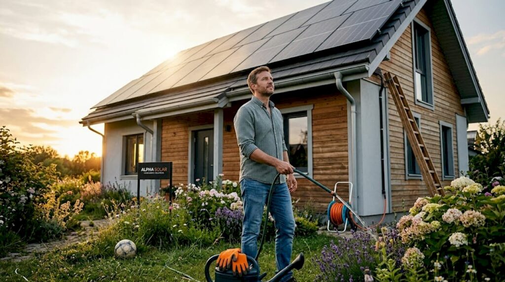 Homeowner observing solar panels on roof