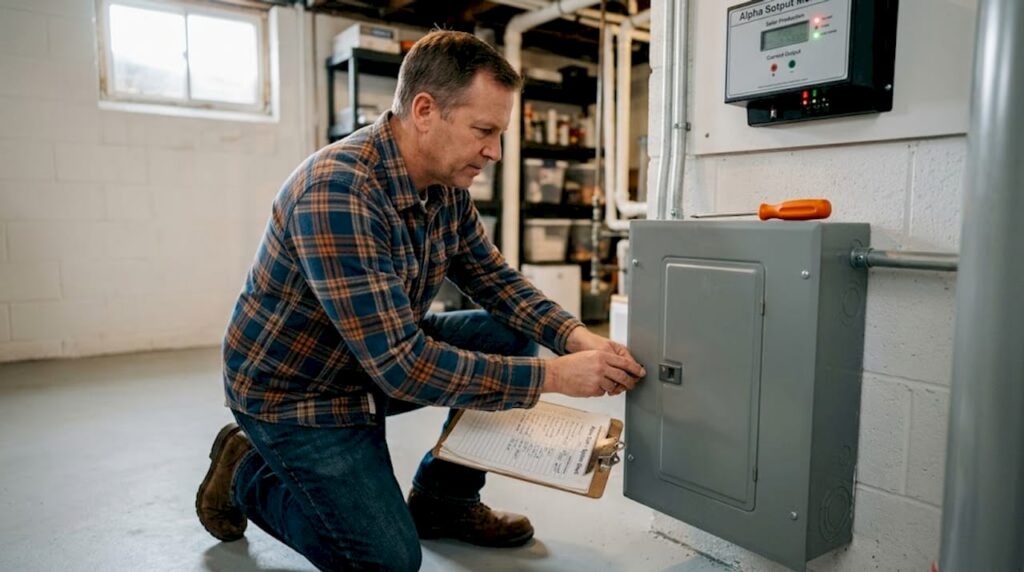 Homeowner reviewing solar panel safety checklist in garage