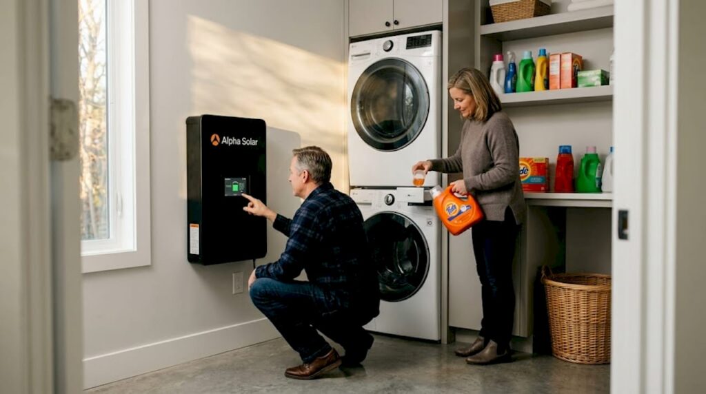 Couple with home energy battery in laundry