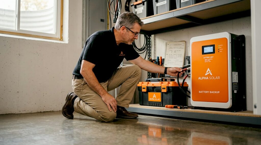 Homeowner checks battery backup system