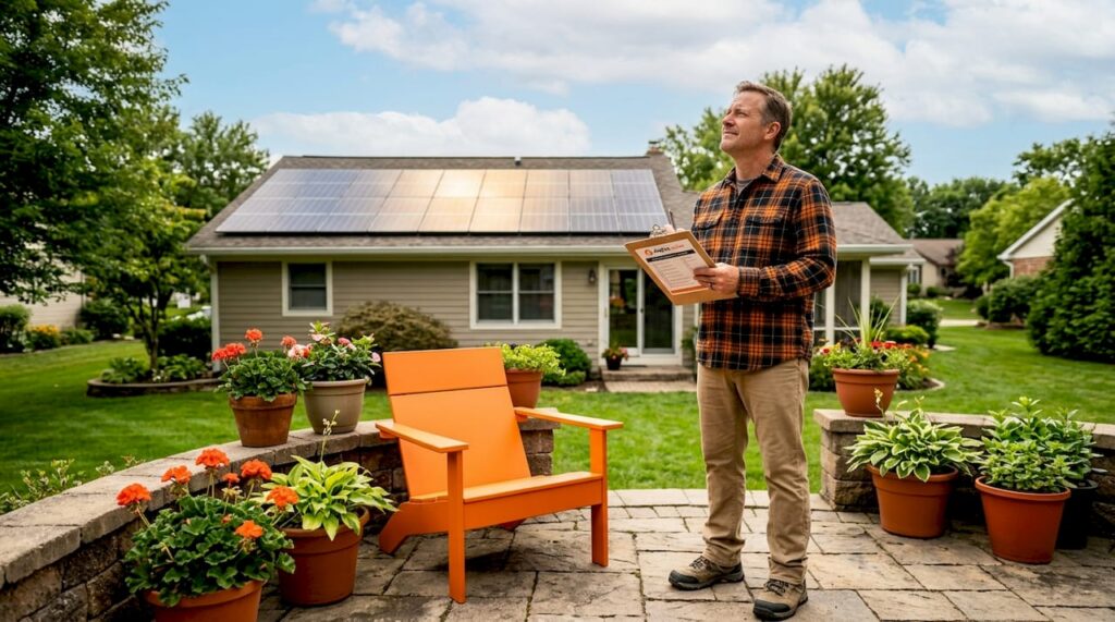 Homeowner inspecting solar panels on roof