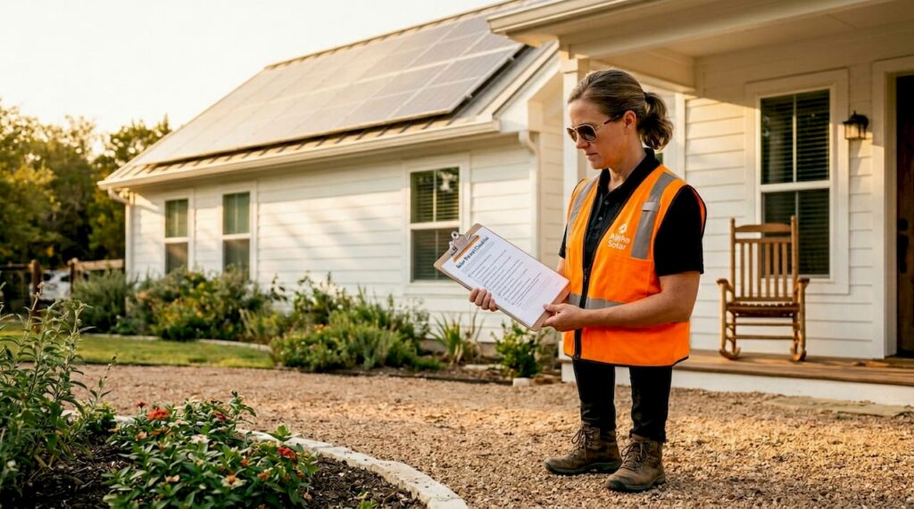 Inspector reviews solar permit outside brick house