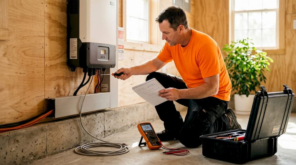 Electrician wiring solar inverter in garage workspace