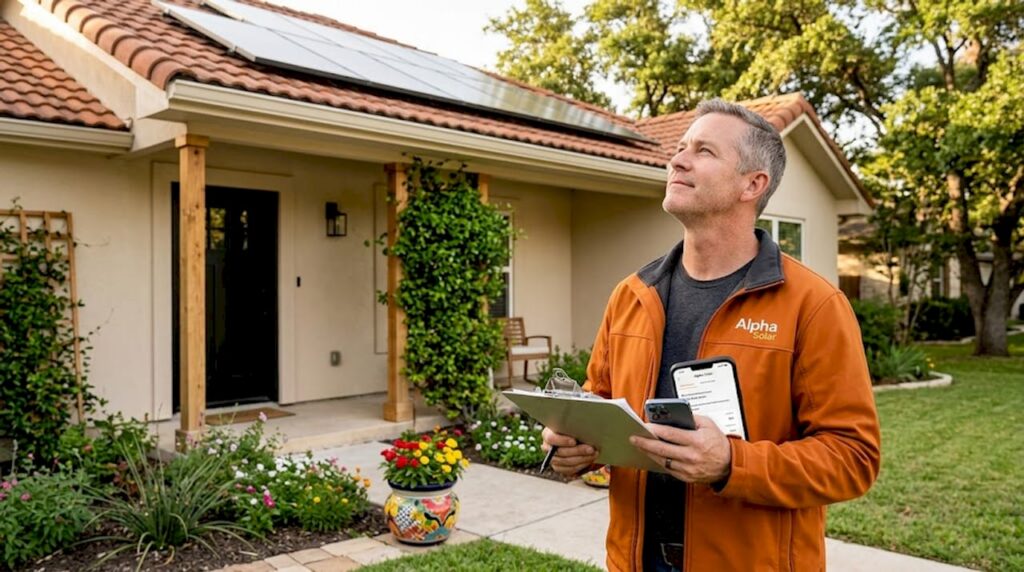 Homeowner examining rooftop solar panels