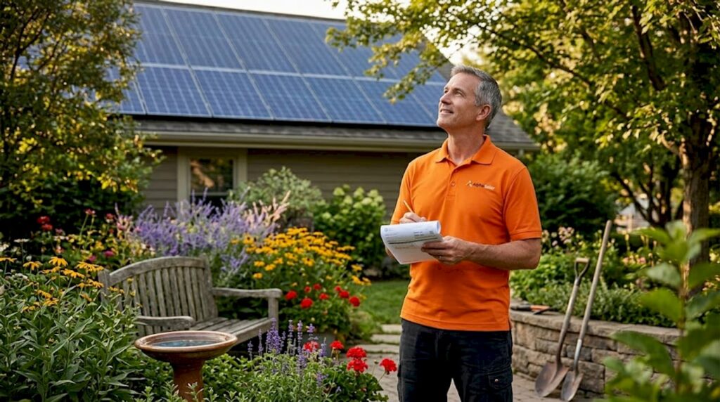 Homeowner viewing rooftop solar panels and utility bill