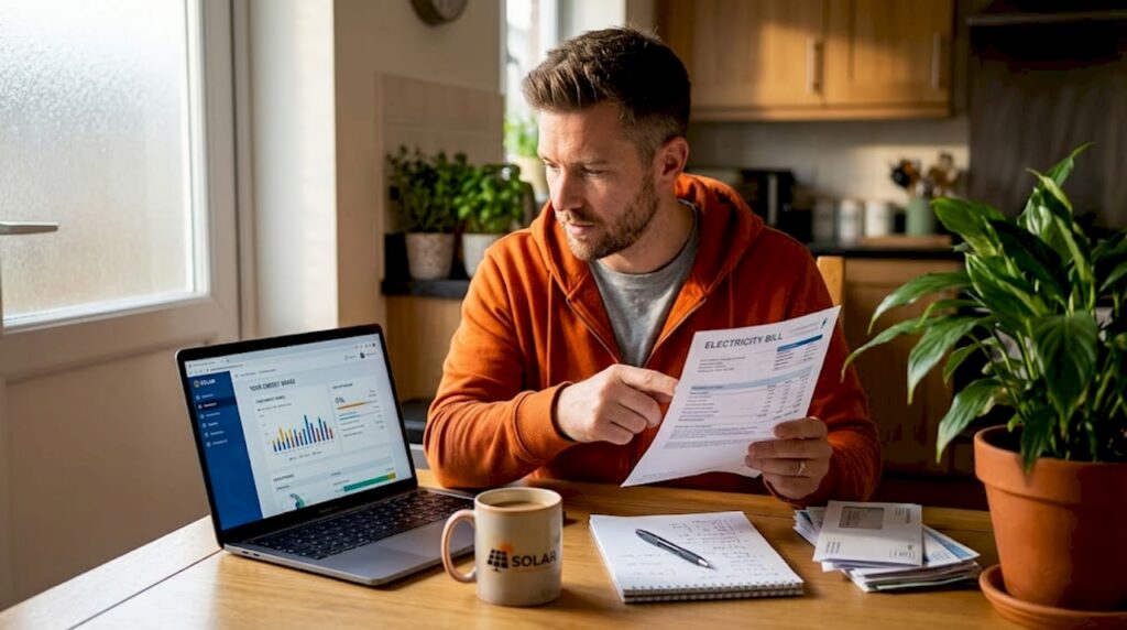 Man reviewing community solar bill at home