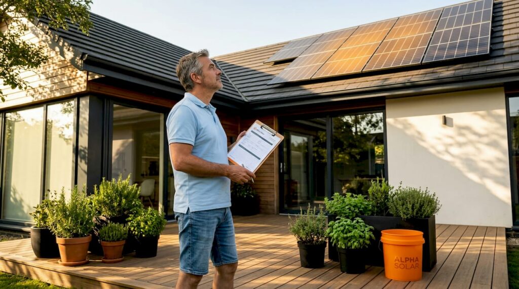 Homeowner observing rooftop solar panels