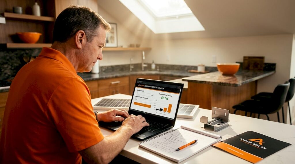 Homeowner calculating solar investment ROI at kitchen table