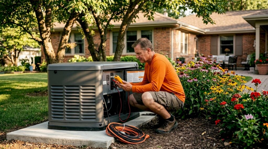 Home standby generator with man inspecting