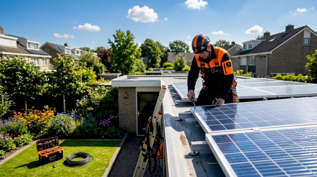 Solar technician removing rooftop panels
