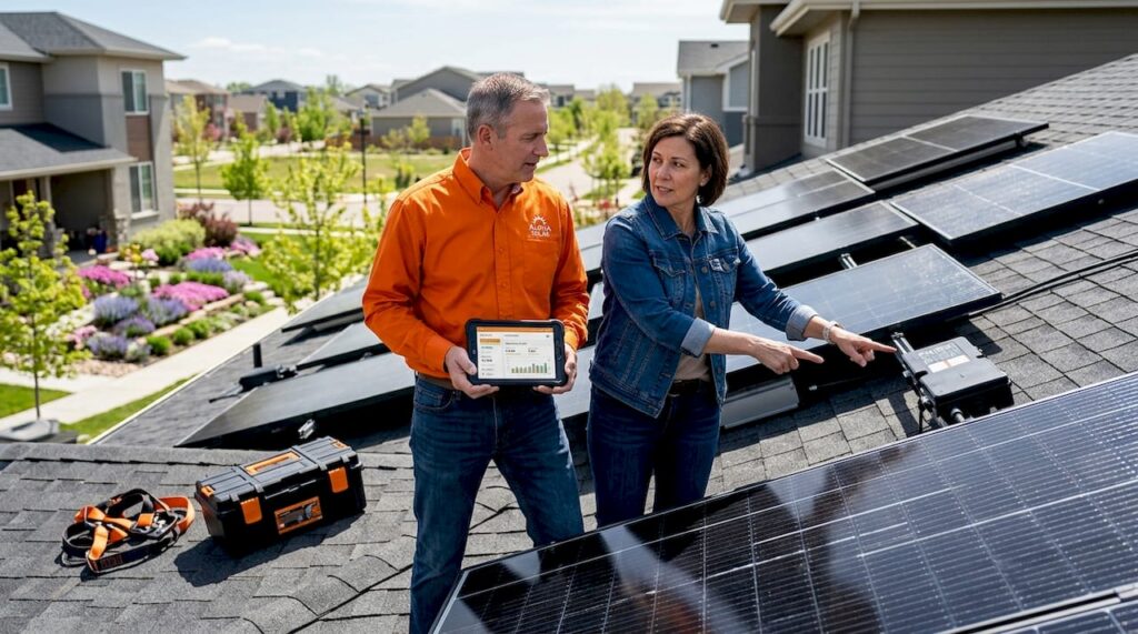 Homeowners inspecting residential solar panels on roof