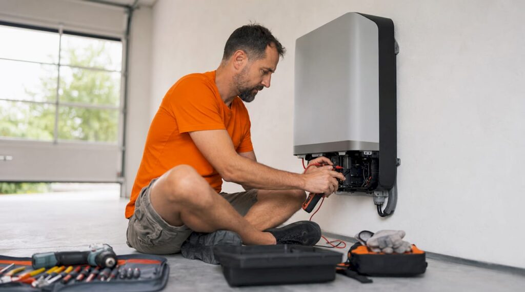 Man installing home backup battery in garage