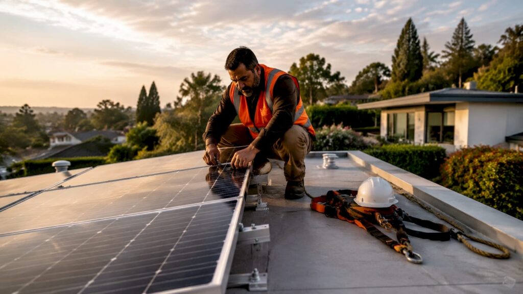 Man installing solar panels on house roof