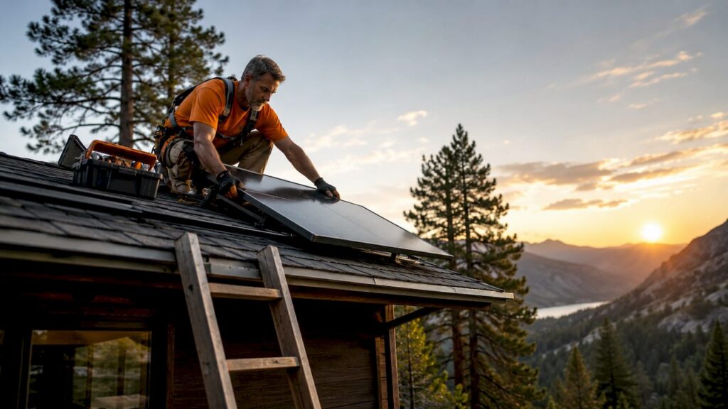 Man installing solar panels on cabin roof outdoors