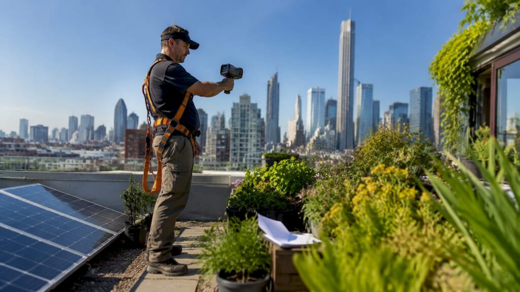 Technician scanning home roof for solar site assessment