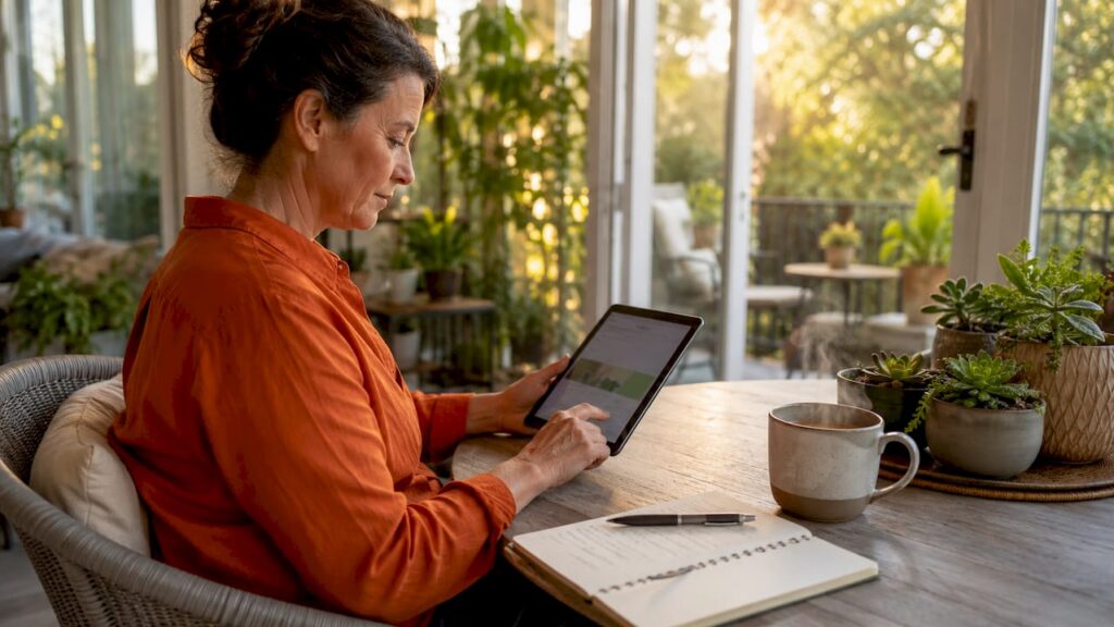 Homeowner checking solar monitoring app on tablet