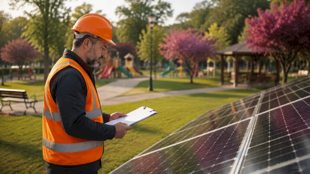 Utility engineer inspecting solar panel installation outdoors